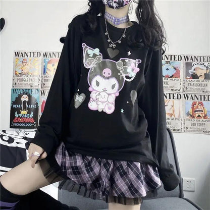 ESC BUTİK Harajuku Kuromi Baskılı Siyah Unisex Oversize Bisiklet Yaka Sweatshirt