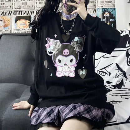 ESC BUTİK Harajuku Kuromi Baskılı Siyah Unisex Oversize Bisiklet Yaka Sweatshirt