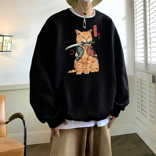 ESC BUTİK Harajuku Ninaja Cat Baskılı Siyah Unisex Oversize Bisiklet Yaka Sweatshirt