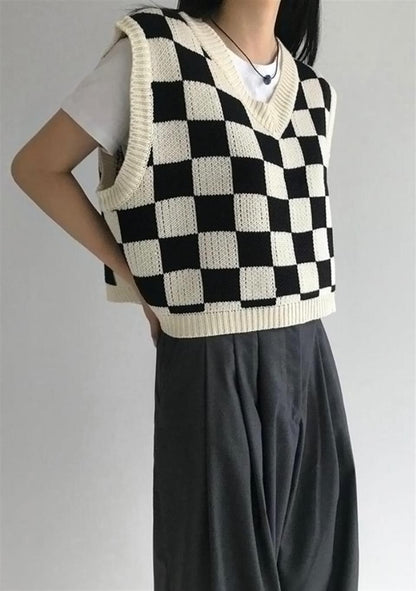 ESC BUTİK Harajuku Siyah Beyaz Kareli Oversize Unisex Süveter