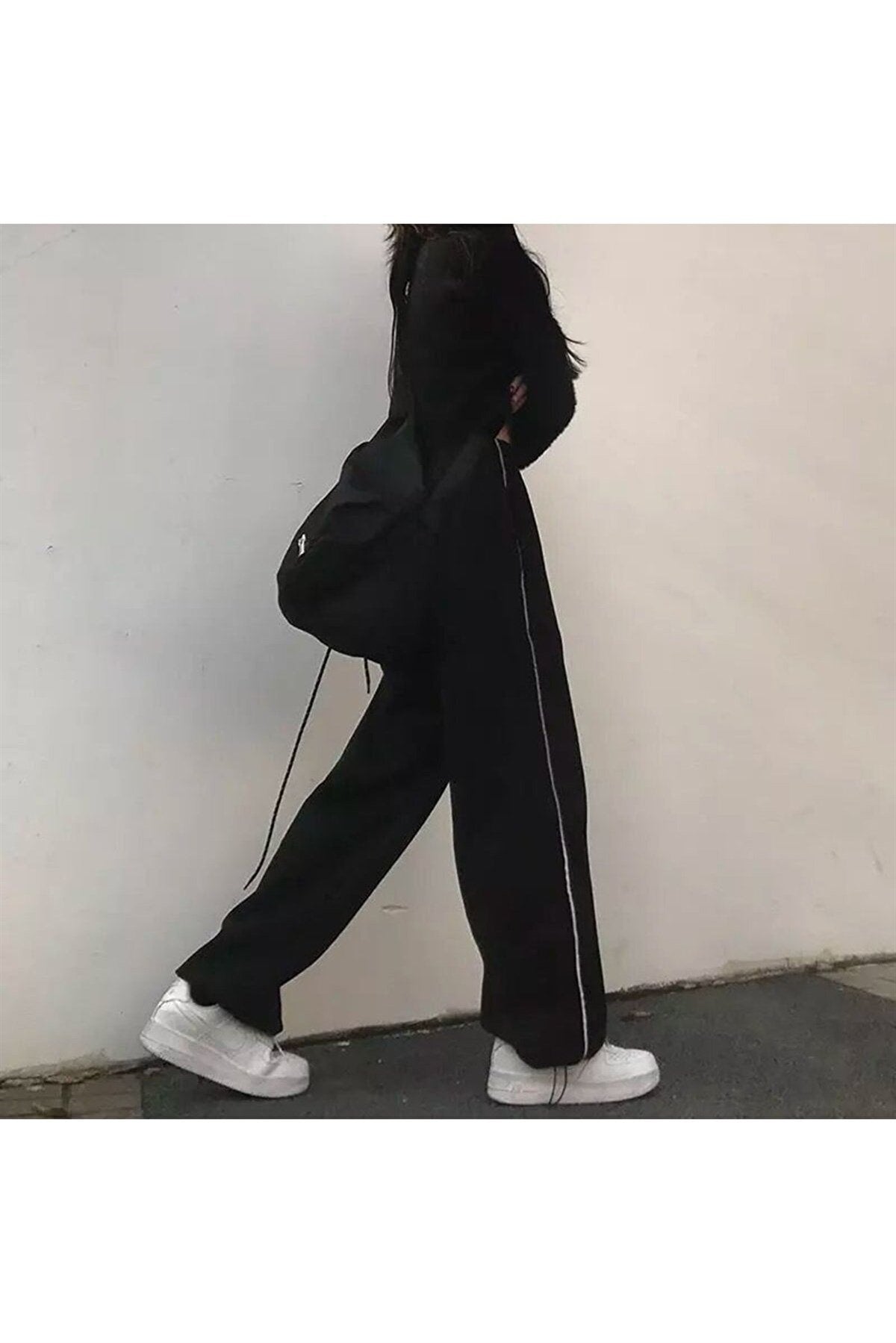 ESC BUTİK Harajuku Zip Detail Black Tracksuit Oversize Eşofman Altı