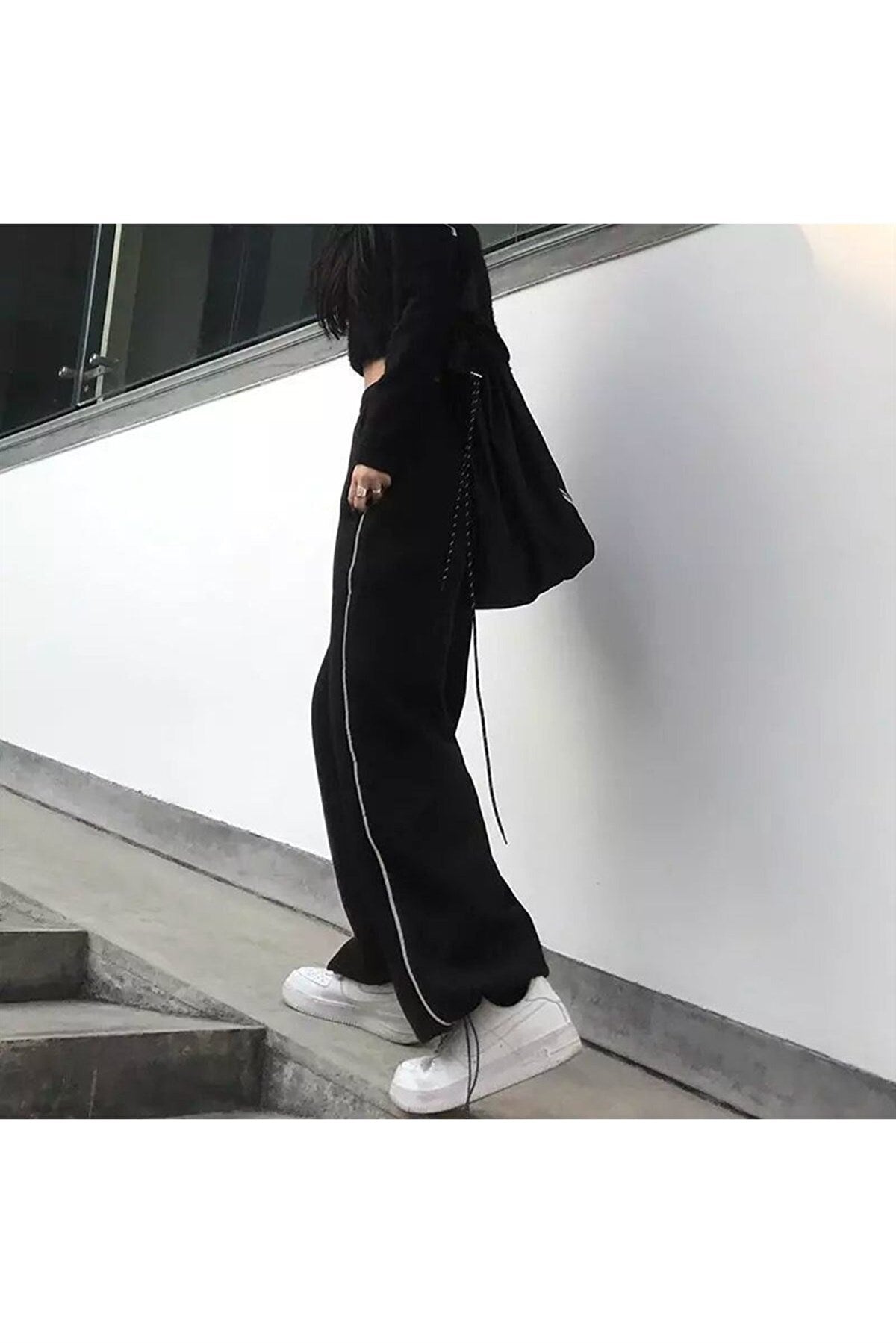 ESC BUTİK Harajuku Zip Detail Black Tracksuit Oversize Eşofman Altı