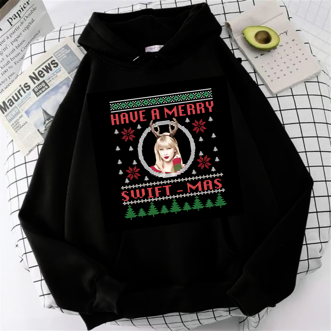 ESC BUTİK Have a Merry Baskılı Siyah Unisex Oversize Kapüşonlu Sweatshirt