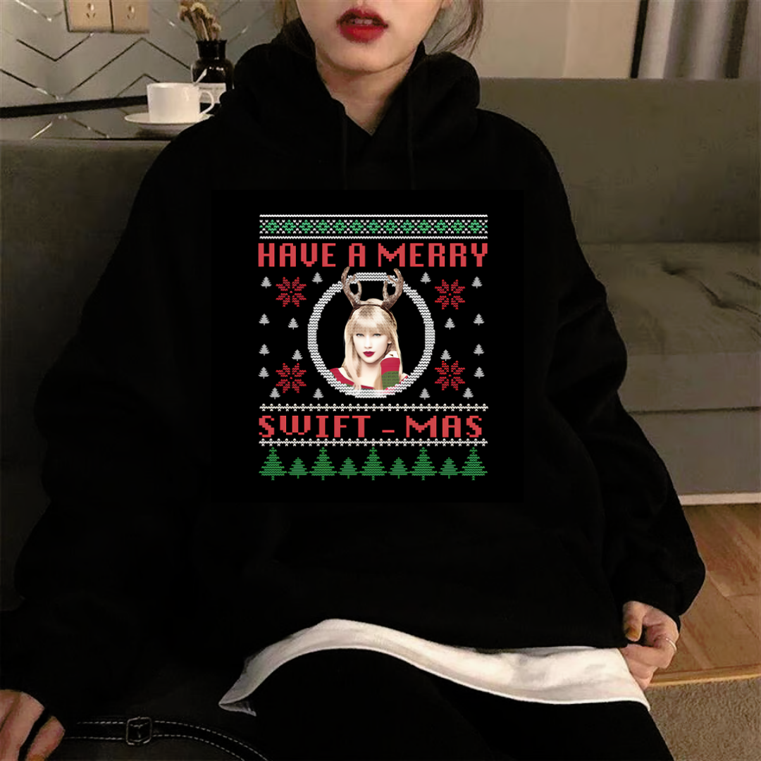 ESC BUTİK Have a Merry Baskılı Siyah Unisex Oversize Kapüşonlu Sweatshirt