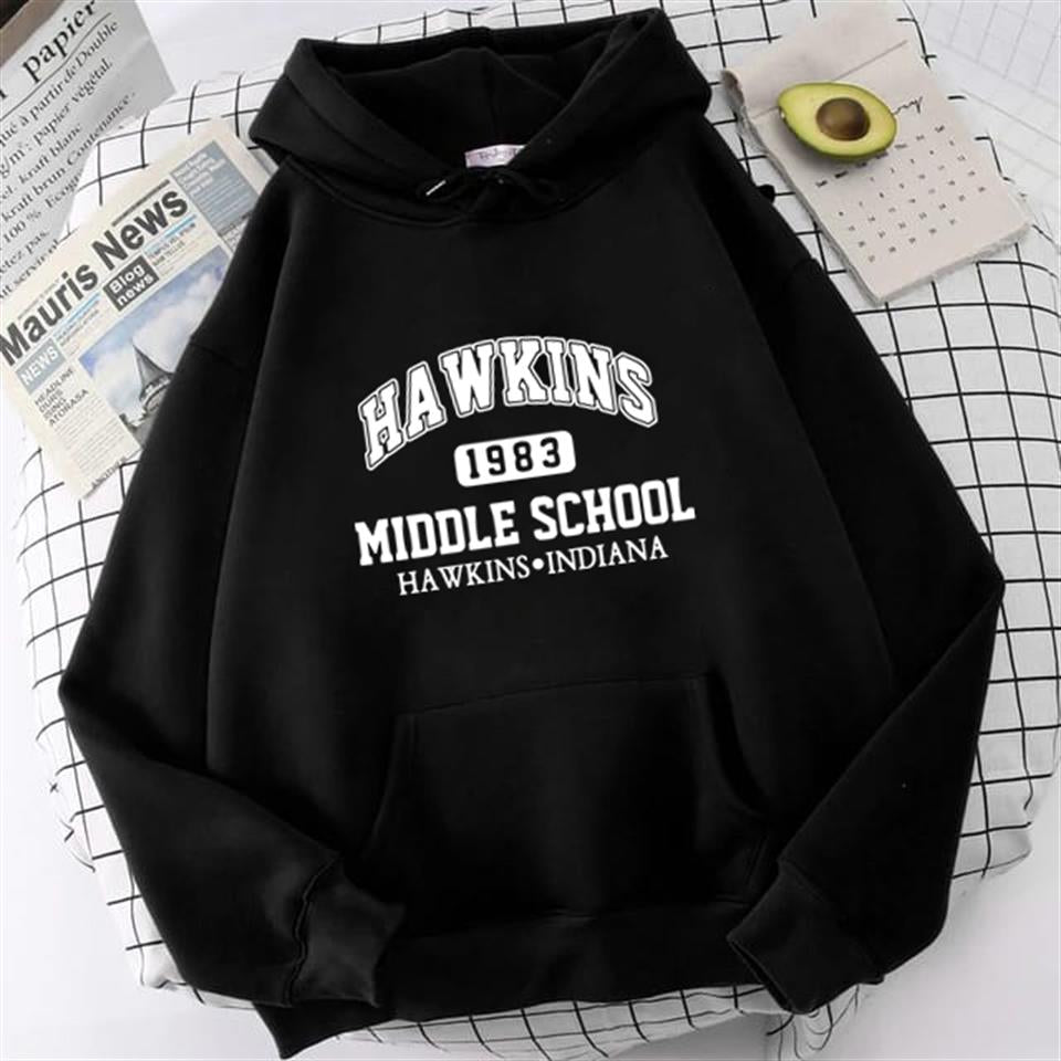 ESC BUTİK Hawkins Baskılı Siyah Unisex Oversize Kapüşonlu Sweatshirt