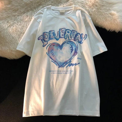 ESC BUTİK Heart Baskılı Beyaz Unisex Oversize T-shirt