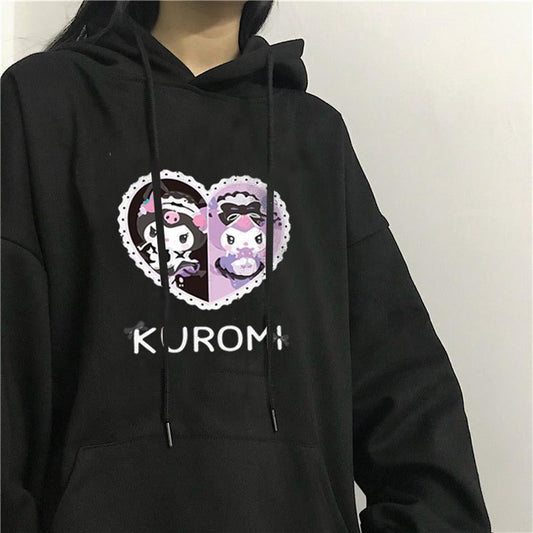 ESC BUTİK Heart Kuromi Baskılı Siyah Kapüşonlu Sweatshirt