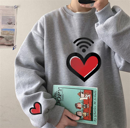 ESC BUTİK Heart Signal Baskılı Gri Unisex Oversize Bisiklet Yaka Sweatshirt