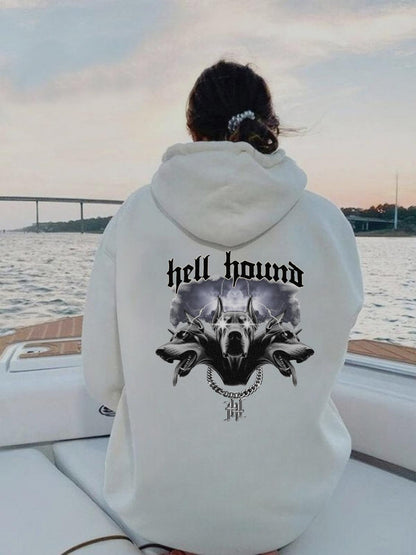 ESC BUTİK Hell Hound Baskılı Beyaz Kapşonlu Sweatshirt