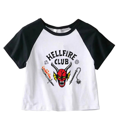 ESC BUTİK Hellfire Club Baskılı Reglan Kol Beyaz Crop