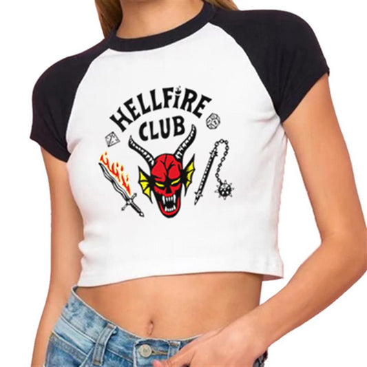 ESC BUTİK Hellfire Club Baskılı Reglan Kol Beyaz Crop