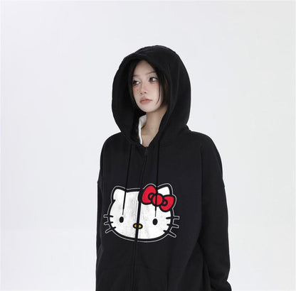 ESC BUTİK Hello Kitty Head Baskı Oversize Fermuarlı Siyah Unisex Kapüşonlu Hırka