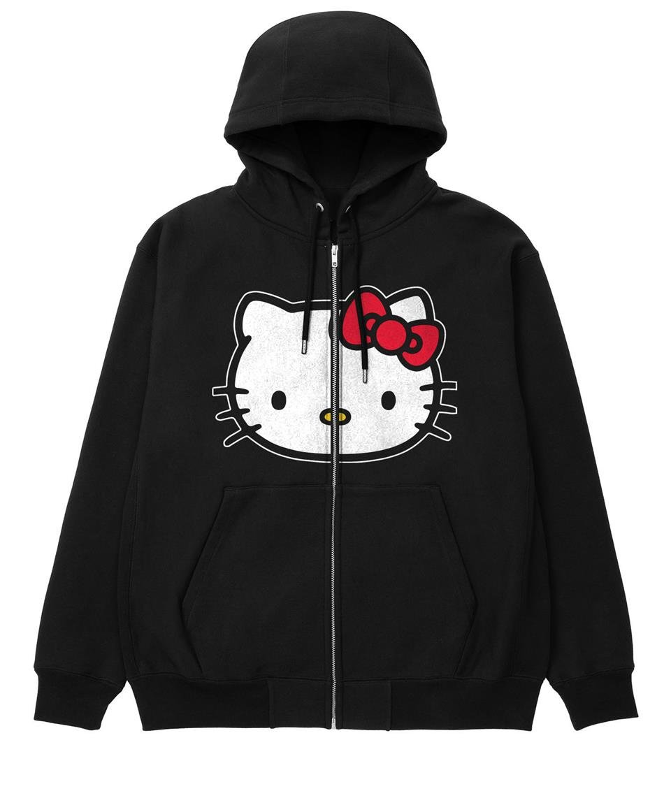 ESC BUTİK Hello Kitty Head Baskı Oversize Fermuarlı Siyah Unisex Kapüşonlu Hırka