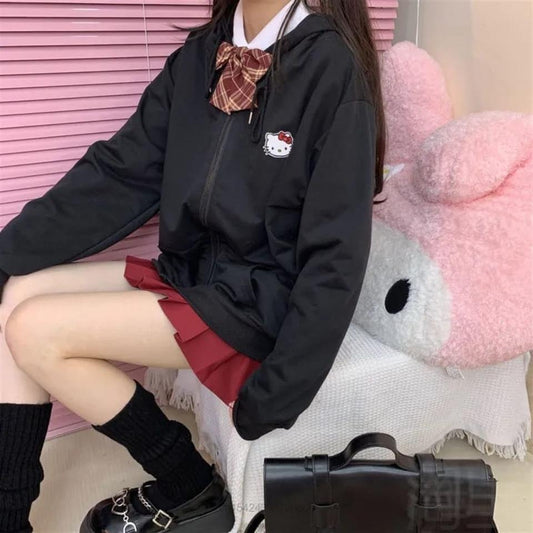 ESC BUTİK Hello Kitty Head Baskılı Oversize Fermuarlı Siyah Unisex Kapüşonlu Hırka