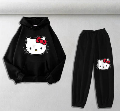 ESC BUTİK Hello Kitty Head Baskılı Siyah Oversize Kapüşonlu Sweatshirt & Eşofman Altı Unisex İkili Takım