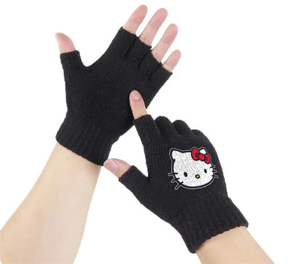 ESC BUTİK Hello Kitty Head Baskılı Unisex Siyah Kesik Çift Eldiven