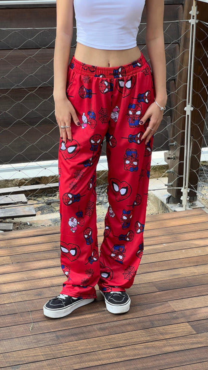 ESC BUTİK Hello Kitty & Spider-Man Detaylı Kırmızı Unisex Bol Eşofman Altı