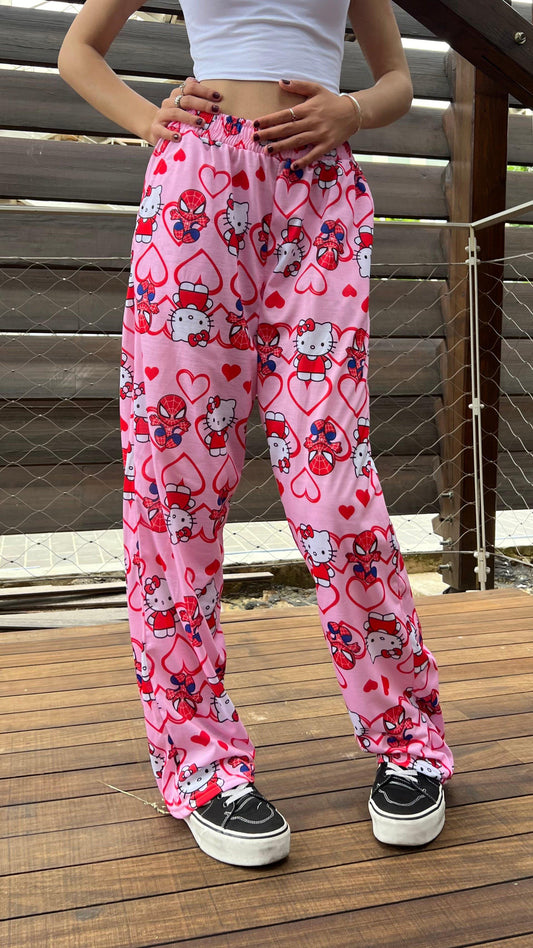 ESC BUTİK Hello Kitty & Spider-Man Detaylı Pembe Unisex Bol Eşofman Altı