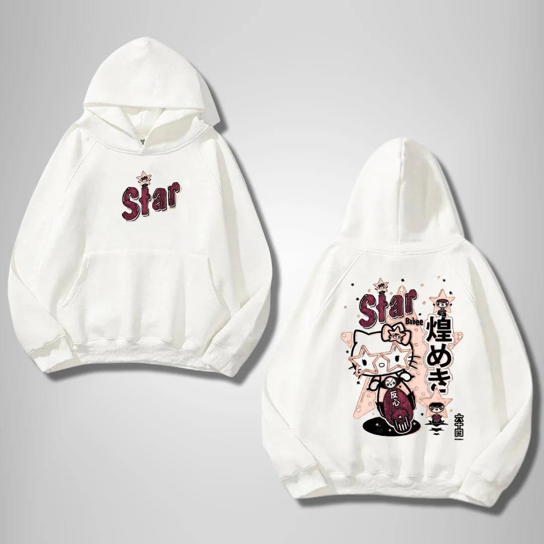 ESC BUTİK Hello Star Ön Arka Baskılı Beyaz Kapşonlu Sweatshirt