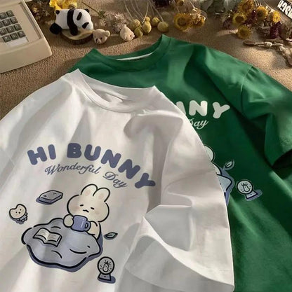 ESC BUTİK Hi Bunny Baskılı Beyaz Unisex Oversize T-shirt