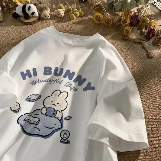 ESC BUTİK Hi Bunny Baskılı Beyaz Unisex Oversize T-shirt