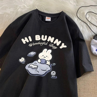 ESC BUTİK Hi Bunny Baskılı Siyah Unisex Oversize T-shirt