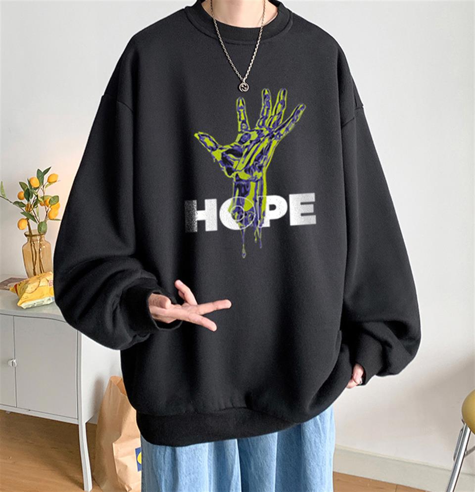 ESC BUTİK Hope Hand Baskılı Siyah Unisex Oversize Bisiklet Yaka Sweatshirt