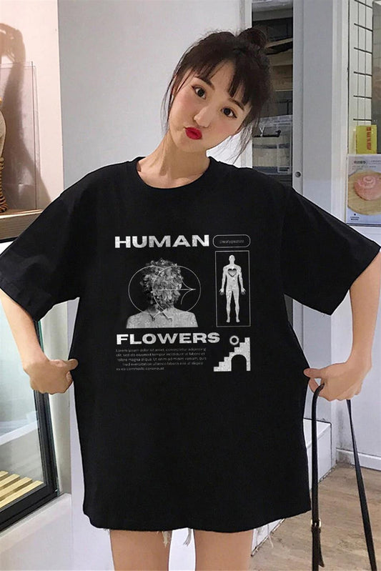 ESC BUTİK Human Flowers Siyah Unisex Oversize T-shirt