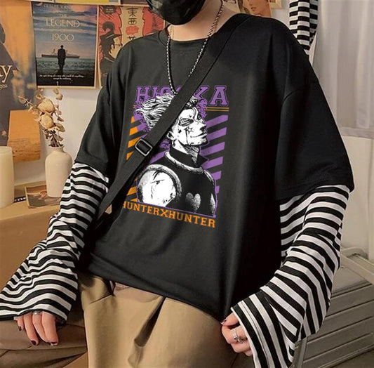 ESC BUTİK Hunter X Hunter - Hisoka Baskılı Fake Sleeves Unisex Siyah T-shirt