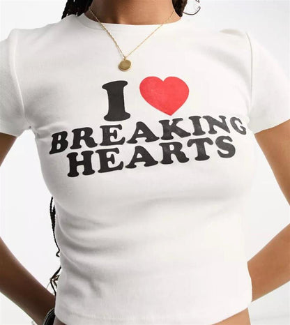 ESC BUTİK I Love Breaking Hearts Baskılı Beyaz Crop