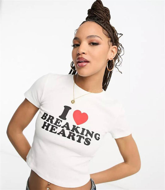 ESC BUTİK I Love Breaking Hearts Baskılı Beyaz Crop