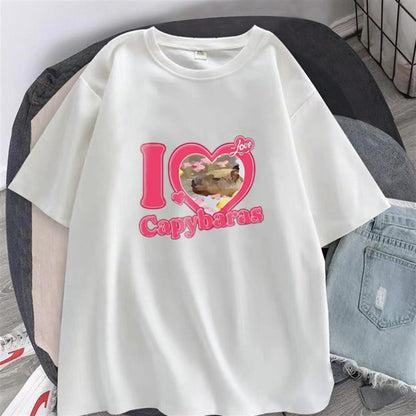 ESC BUTİK I Love Capybaras Baskılı Beyaz Unisex Oversize T-shirt