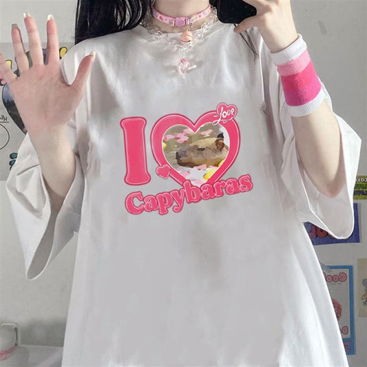 ESC BUTİK I Love Capybaras Baskılı Beyaz Unisex Oversize T-shirt