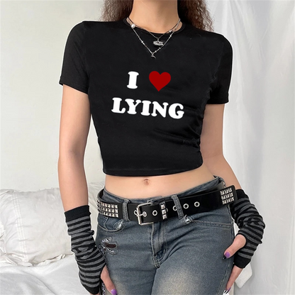 ESC BUTİK I Love Lying Baskılı Siyah Crop