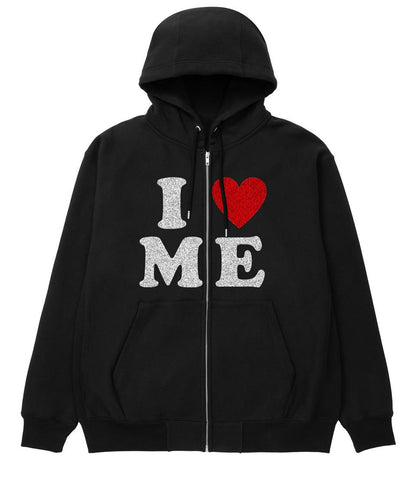 ESC BUTİK I Love Me Baskılı Oversize Fermuarlı Siyah Unisex Kapüşonlu Hırka