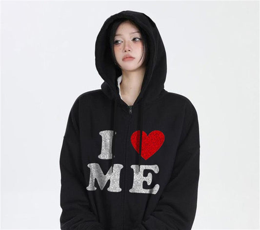 ESC BUTİK I Love Me Baskılı Oversize Fermuarlı Siyah Unisex Kapüşonlu Hırka