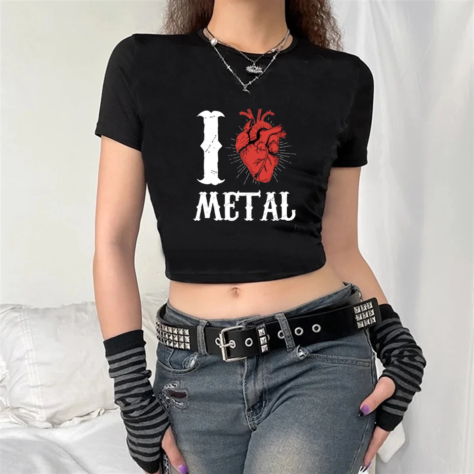 ESC BUTİK I Love Metal Baskılı Siyah Crop