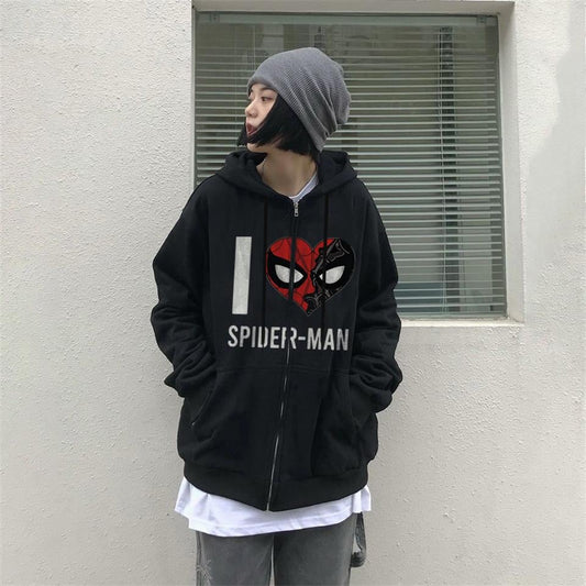 ESC BUTİK I Love Spider-Man Baskılı Oversize Fermuarlı Siyah Unisex Kapüşonlu Hırka