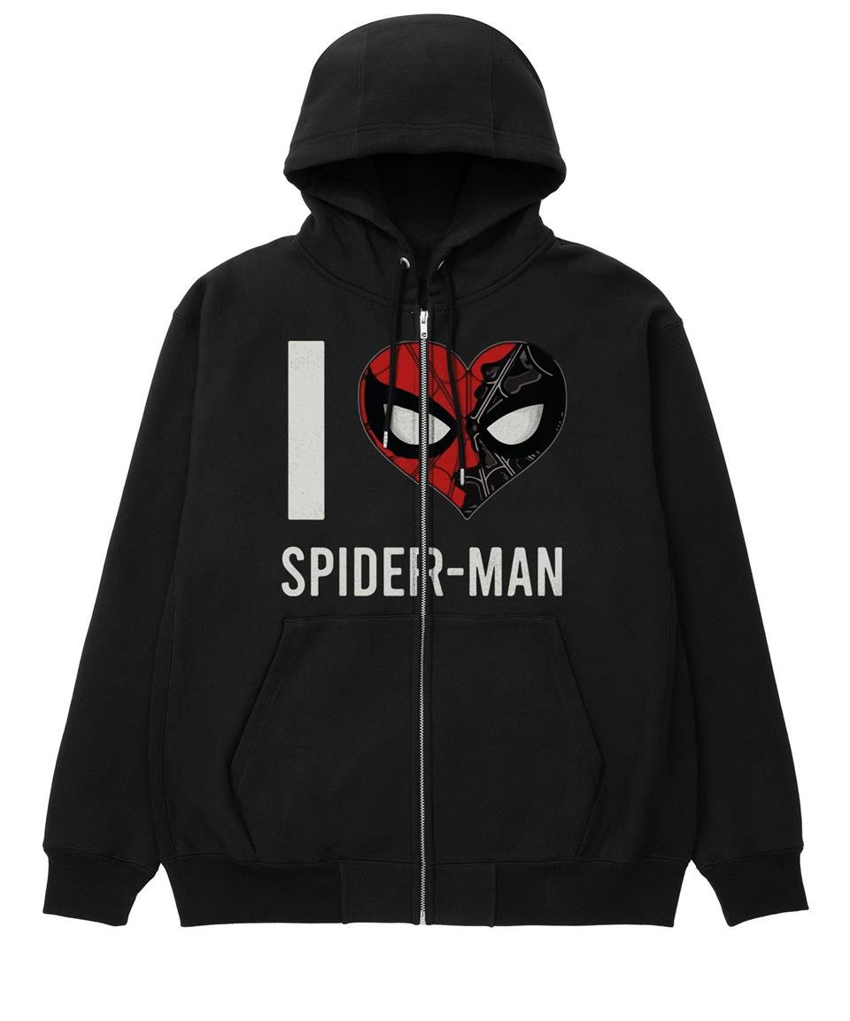 ESC BUTİK I Love Spider-Man Baskılı Oversize Fermuarlı Siyah Unisex Kapüşonlu Hırka