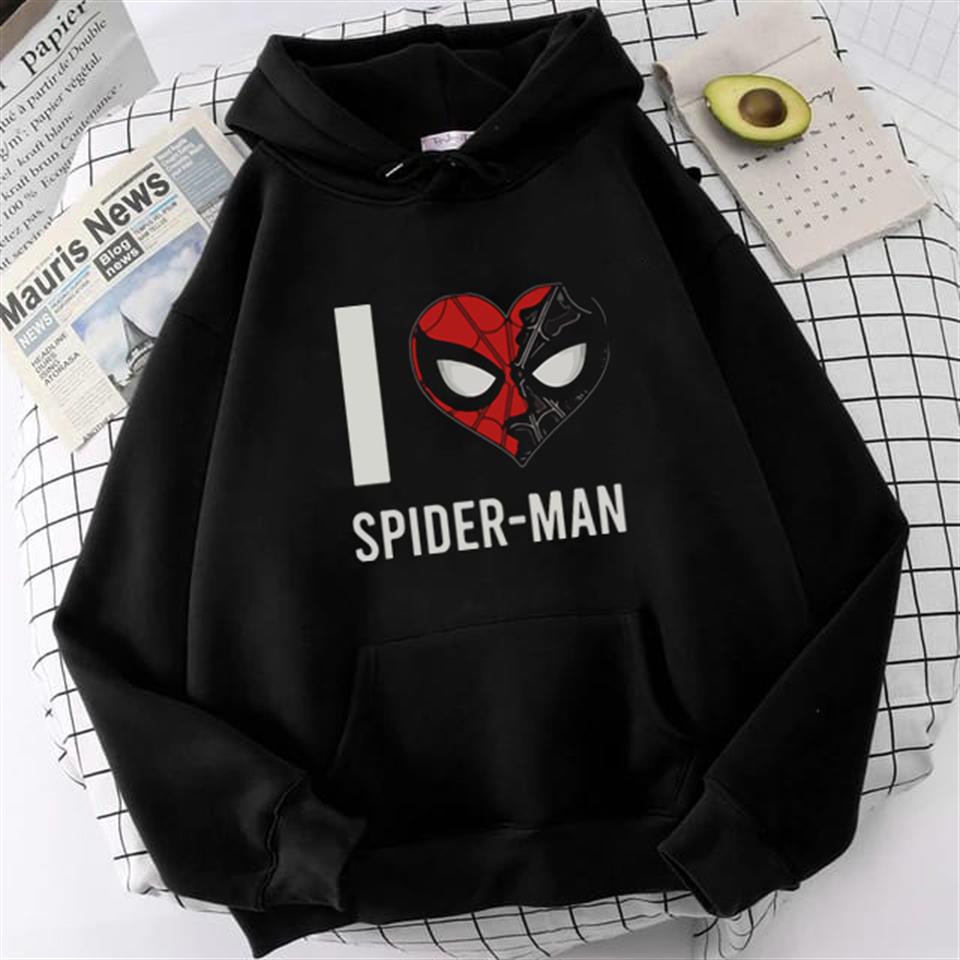 ESC BUTİK I Love Spider-Man Baskılı Siyah Unisex Oversize Kapüşonlu Sweatshirt