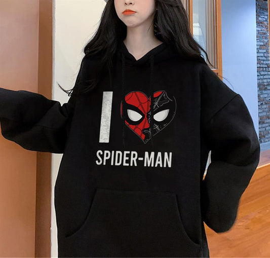 ESC BUTİK I Love Spider-Man Baskılı Siyah Unisex Oversize Kapüşonlu Sweatshirt