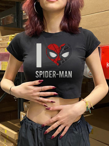 ESC BUTİK I Love Spider-Man Baskılı Siyah Crop