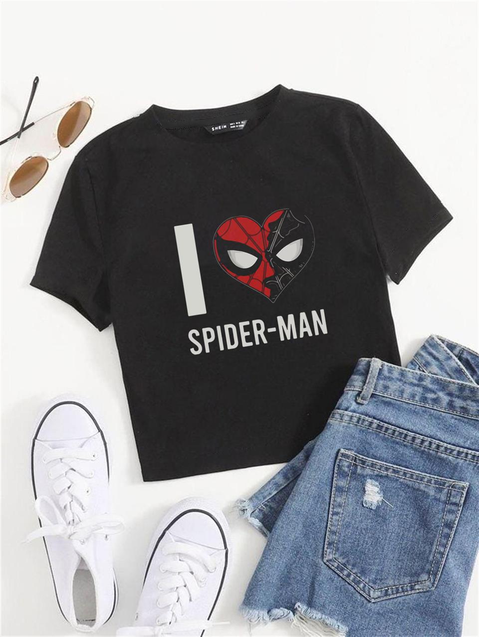 ESC BUTİK I Love Spider-Man Baskılı Siyah Crop