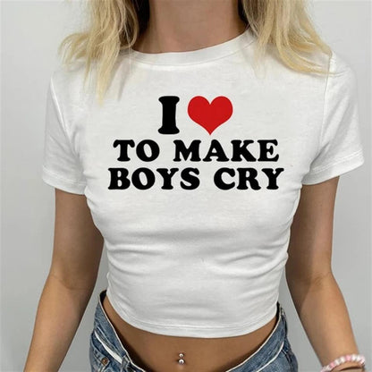 ESC BUTİK I Love To Make Boys Cry Baskılı Beyaz Crop