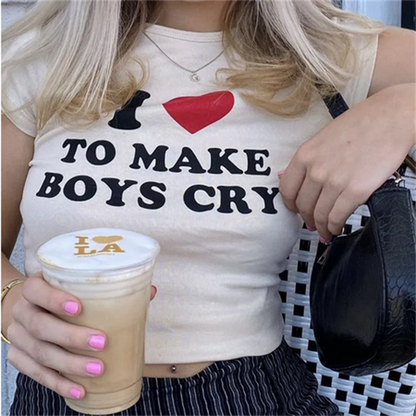 ESC BUTİK I Love To Make Boys Cry Baskılı Beyaz Crop