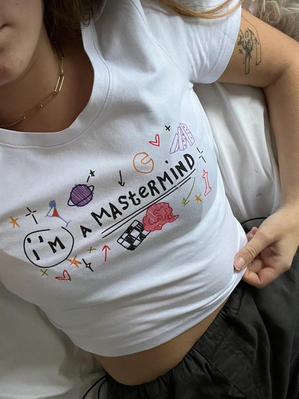 ESC BUTİK I'm A Mastermind Baskılı Beyaz Crop