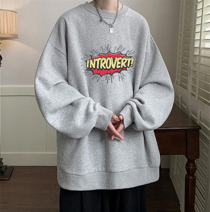 ESC BUTİK Introvert Baskılı Gri Unisex Oversize Bisiklet Yaka Sweatshirt