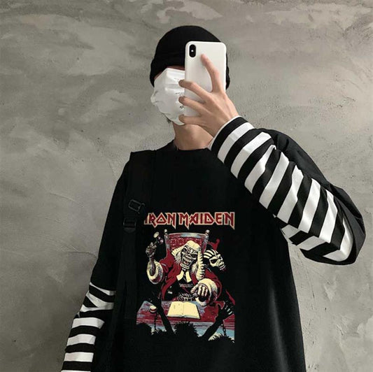 ESC BUTİK Iron Maiden Skull Baskılı Fake Sleeves Unisex Siyah T-shirt