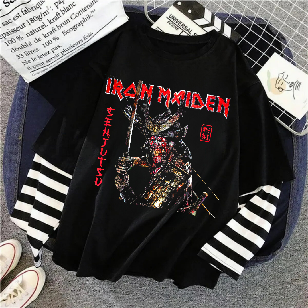 ESC BUTİK Iron Maiden Unisex Fake Uzun Kollu Siyah T-Shirt