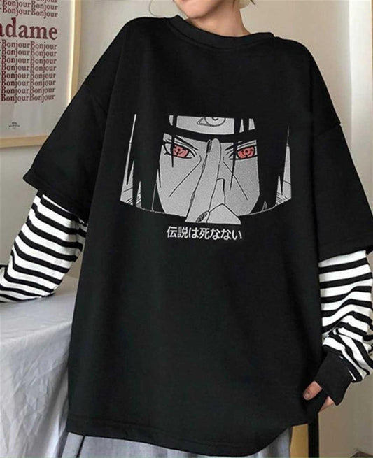 ESC BUTİK Itachi Red Eyes Baskılı Fake Sleeves Unisex Siyah T-shirt